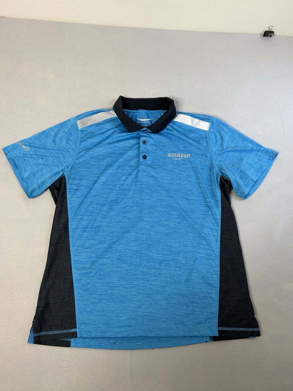 Amazon Active Polo Shirt Womens LARGE Blue Black Short Sleeve Colorblock Logo